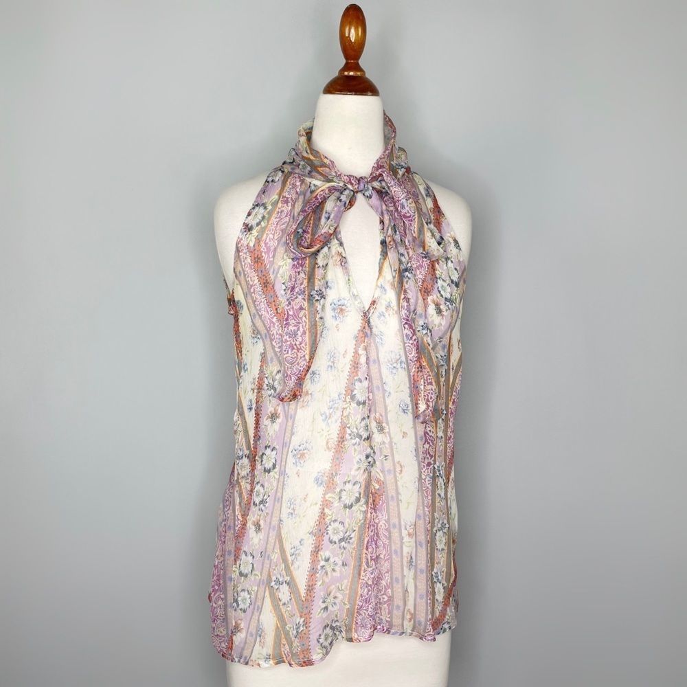 DREW Silk chiffon Multicolor Paisley Pussy Bow Tie Neck Snap Back Tank Size XS - Picture 1 of 10